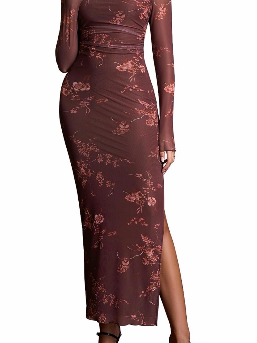 XinFSh Burgundy Floral Mesh Ruched Bodycon Maxi Dress XS NWT Wedding Guest